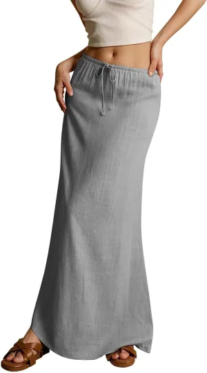 Linen Maxi Skirts for Women Summer 2025 Vacation Comfy Drawstring Low Waist A Line Skirt Long Flowy Skirt Cover Ups