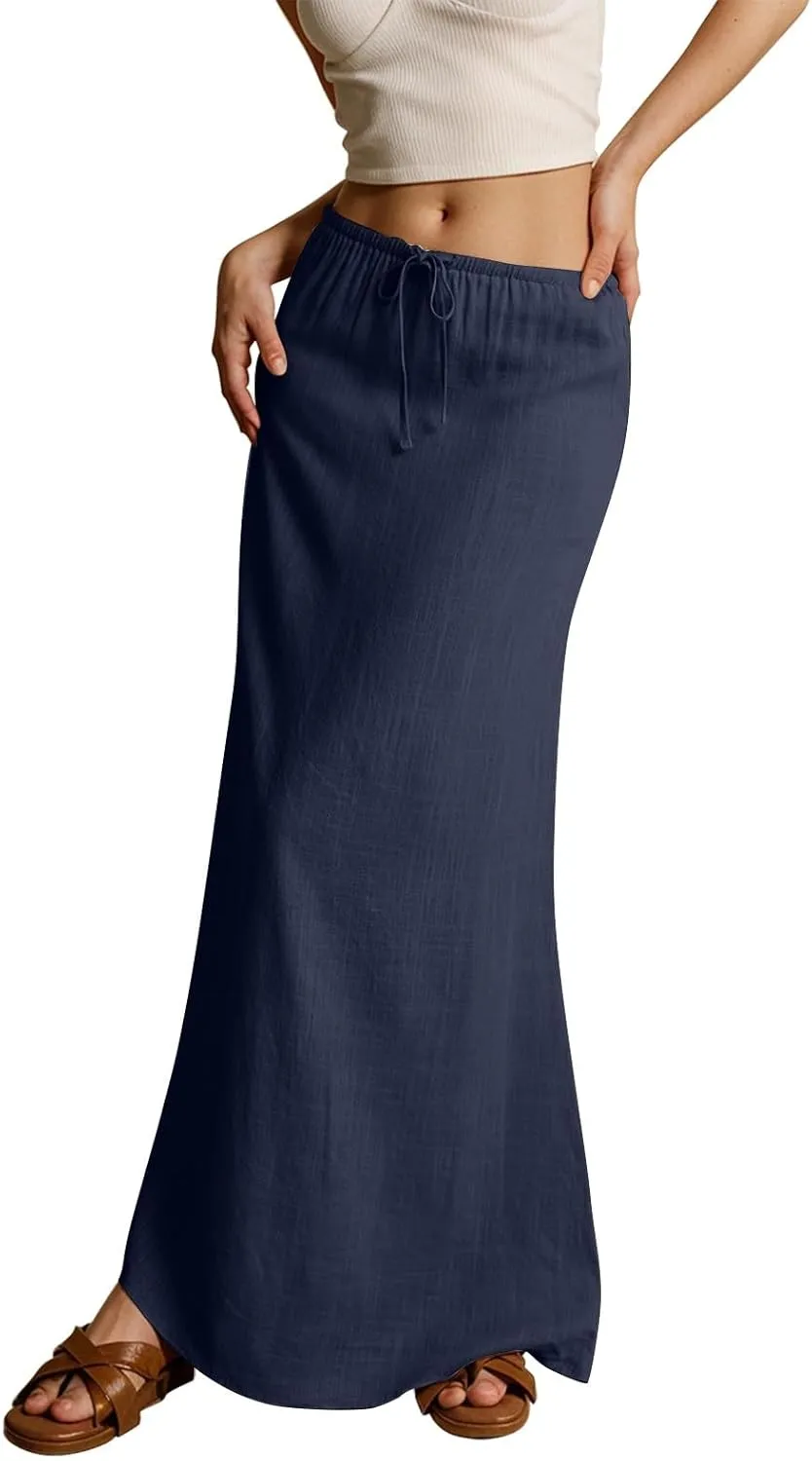 Linen Maxi Skirts for Women Summer 2025 Vacation Comfy Drawstring Low Waist A Line Skirt Long Flowy Skirt Cover Ups