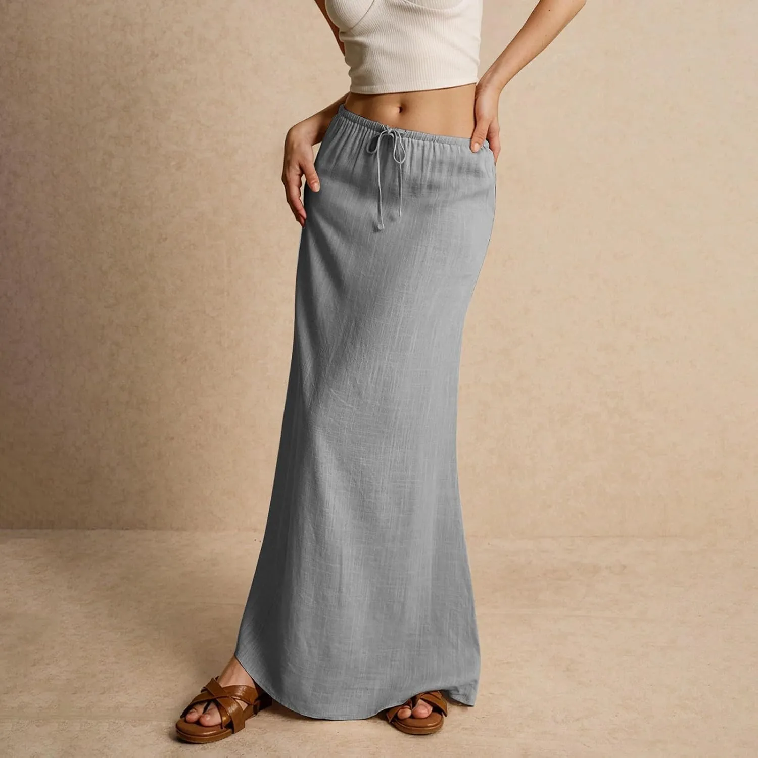 Linen Maxi Skirts for Women Summer 2025 Vacation Comfy Drawstring Low Waist A Line Skirt Long Flowy Skirt Cover Ups