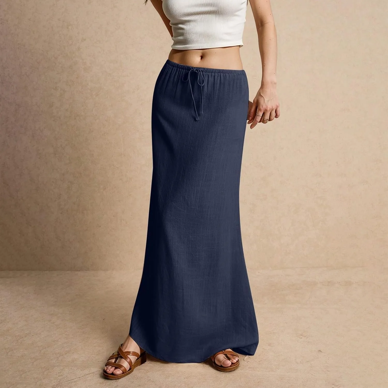 Linen Maxi Skirts for Women Summer 2025 Vacation Comfy Drawstring Low Waist A Line Skirt Long Flowy Skirt Cover Ups