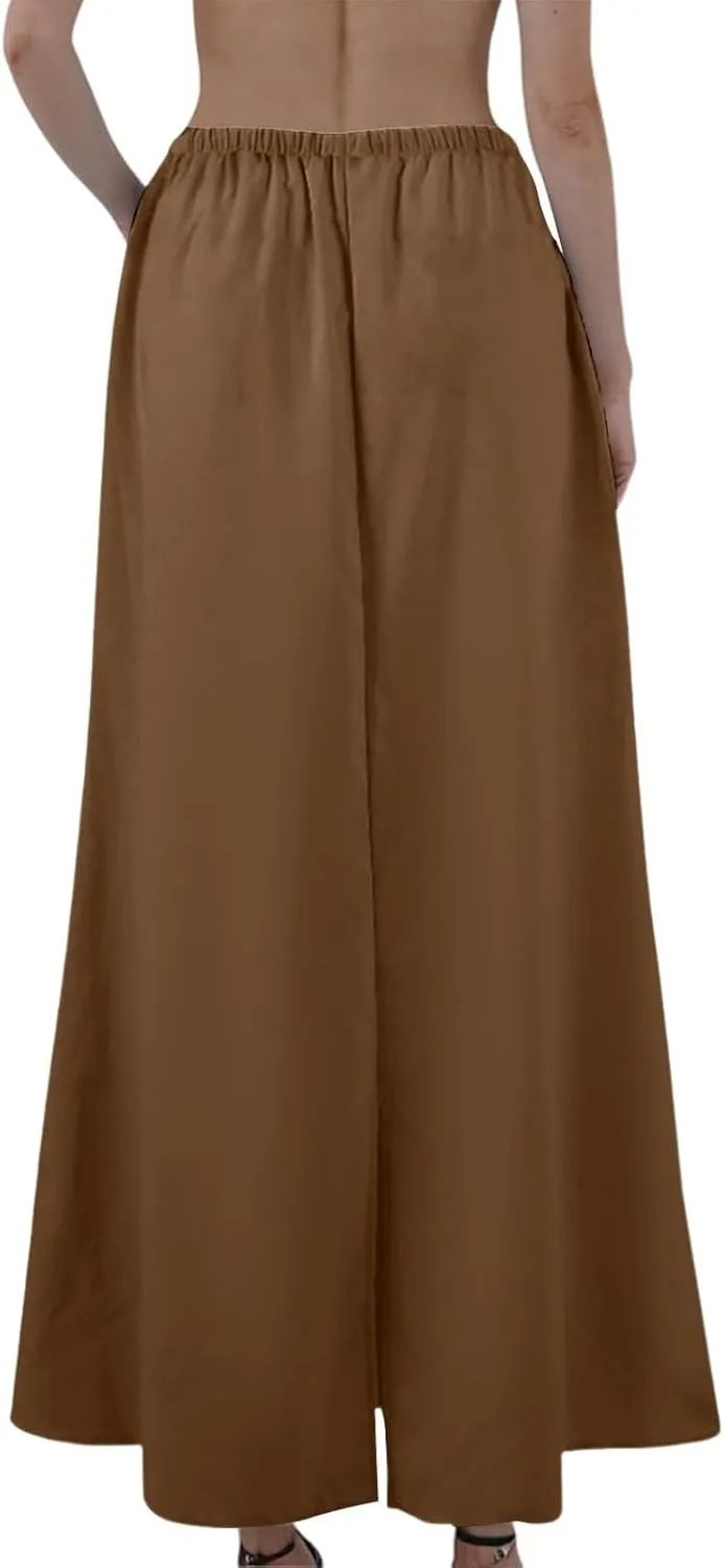 Linen Maxi Skirts for Women Summer Boho Low Rise A-Line Skirts Beach Vacation Long Flowy Fishtail Skirt with Back Slit