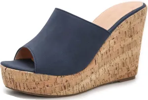 LizFoYa Women Peep Toe Slide Sandal Wedge High Heels Summer Beach Cork Platform Wedge Dressy Slipper Heels