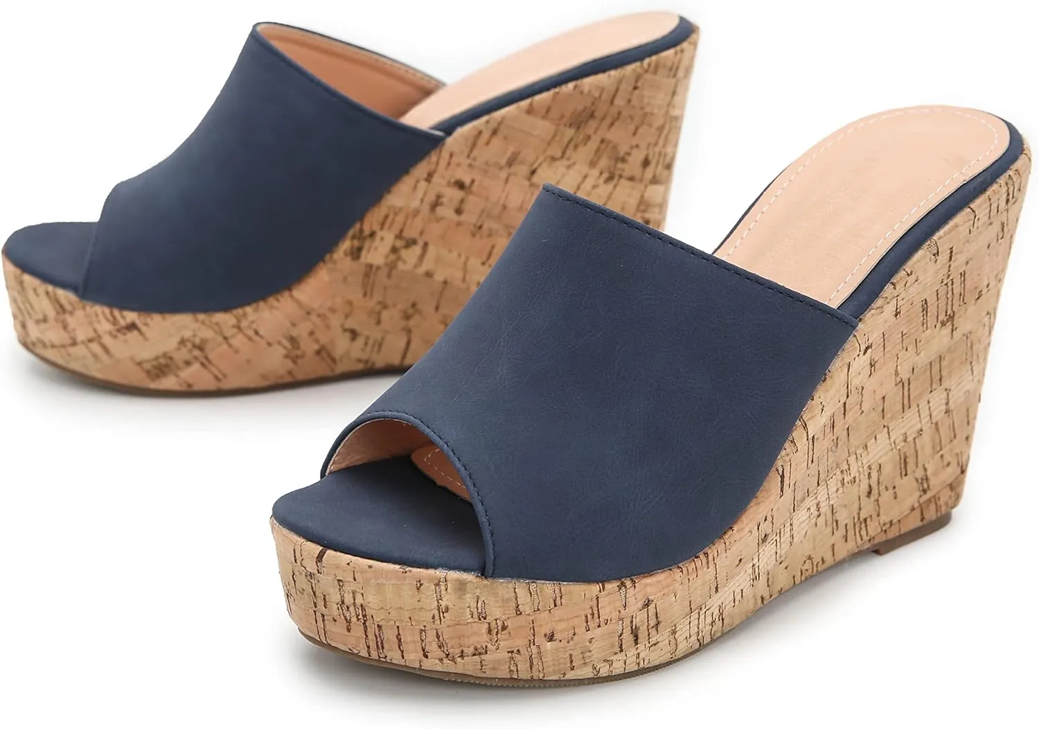 LizFoYa Women Peep Toe Slide Sandal Wedge High Heels Summer Beach Cork Platform Wedge Dressy Slipper Heels