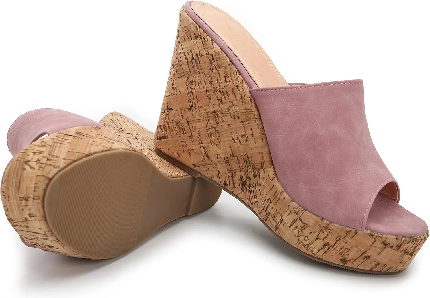 LizFoYa Women Peep Toe Slide Sandal Wedge High Heels Summer Beach Cork Platform Wedge Dressy Slipper Heels