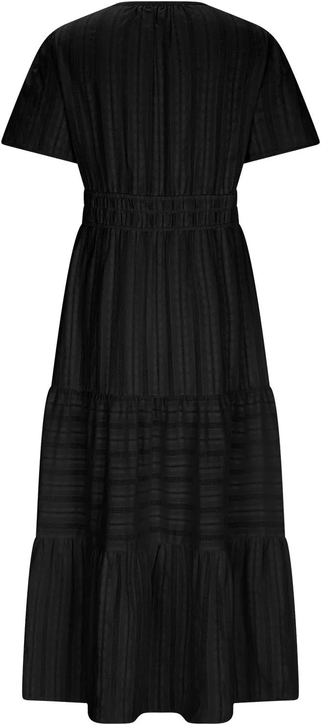 Lmdudan 2025 Womens Summer Casual Midi Maxi Dresses Lightweight Short Sleeve V Neck Elastic Waist Boho Beach Dress Sundress