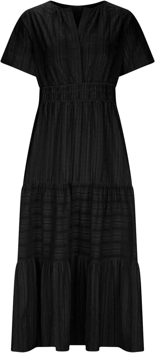 Lmdudan 2025 Womens Summer Casual Midi Maxi Dresses Lightweight Short Sleeve V Neck Elastic Waist Boho Beach Dress Sundress