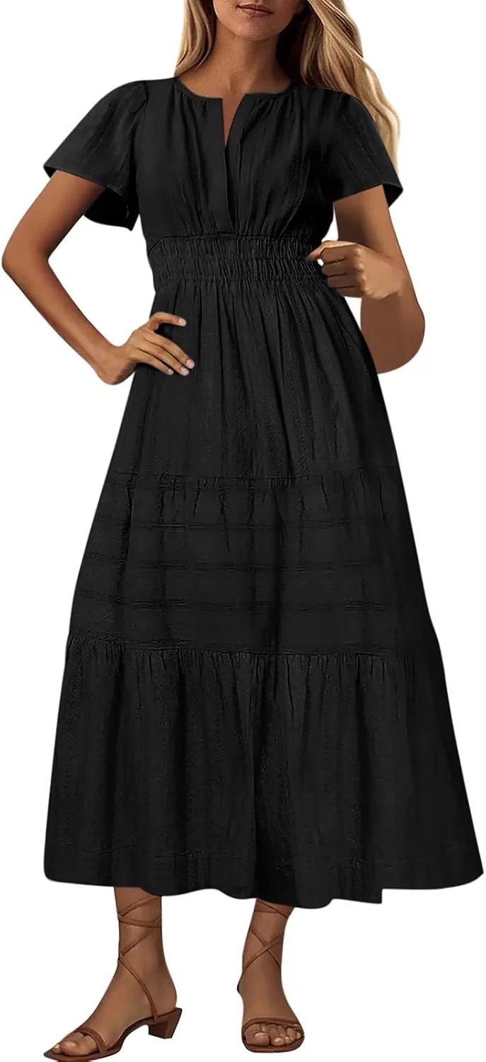 Lmdudan 2025 Womens Summer Casual Midi Maxi Dresses Lightweight Short Sleeve V Neck Elastic Waist Boho Beach Dress Sundress