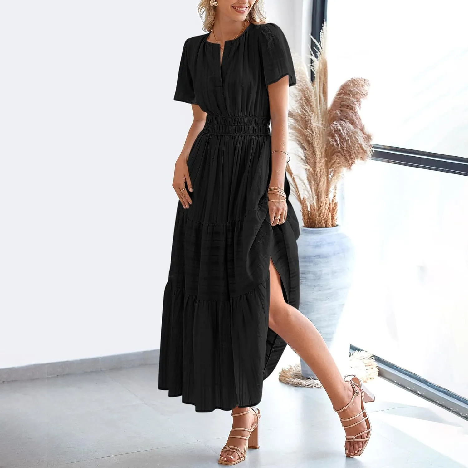 Lmdudan 2025 Womens Summer Casual Midi Maxi Dresses Lightweight Short Sleeve V Neck Elastic Waist Boho Beach Dress Sundress