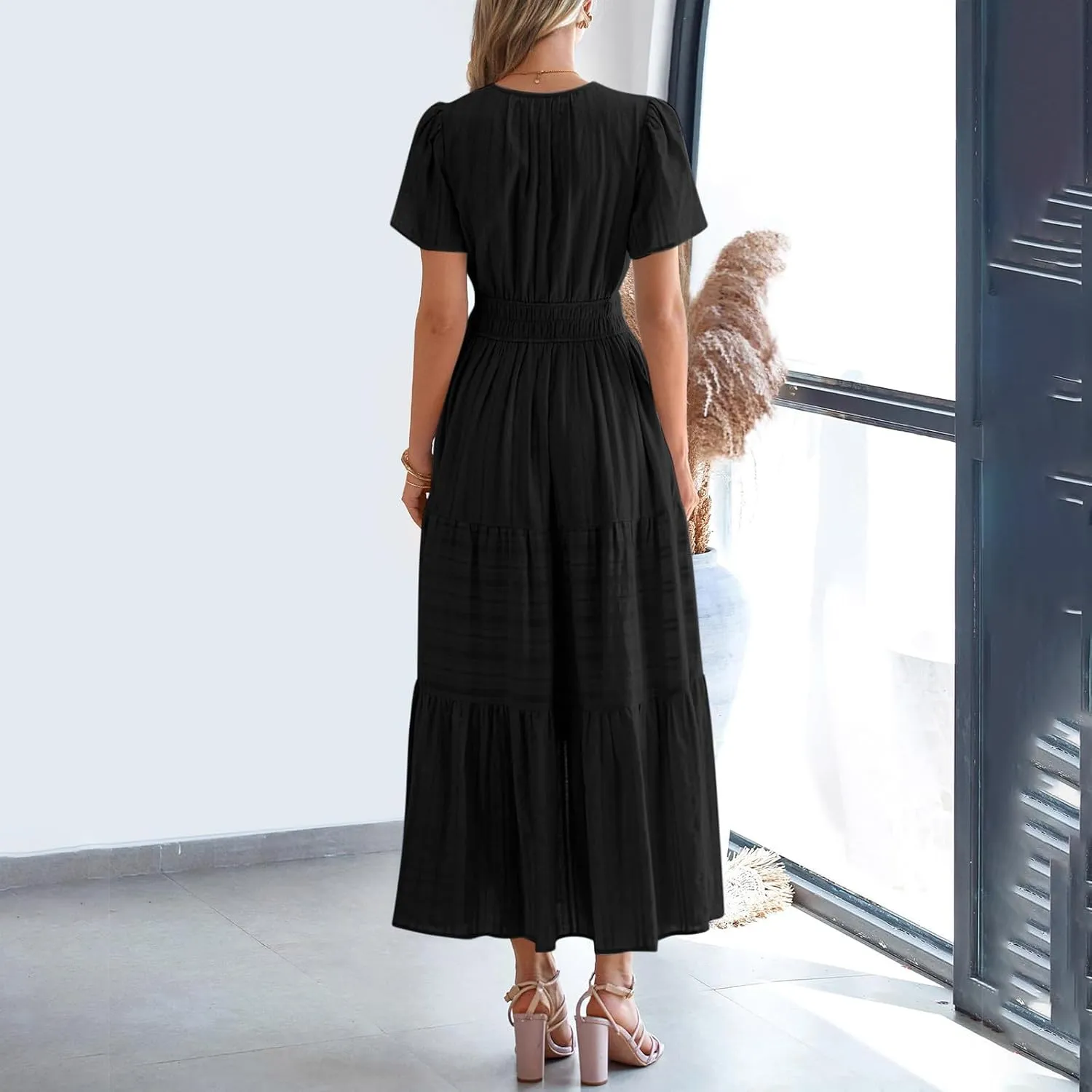 Lmdudan 2025 Womens Summer Casual Midi Maxi Dresses Lightweight Short Sleeve V Neck Elastic Waist Boho Beach Dress Sundress