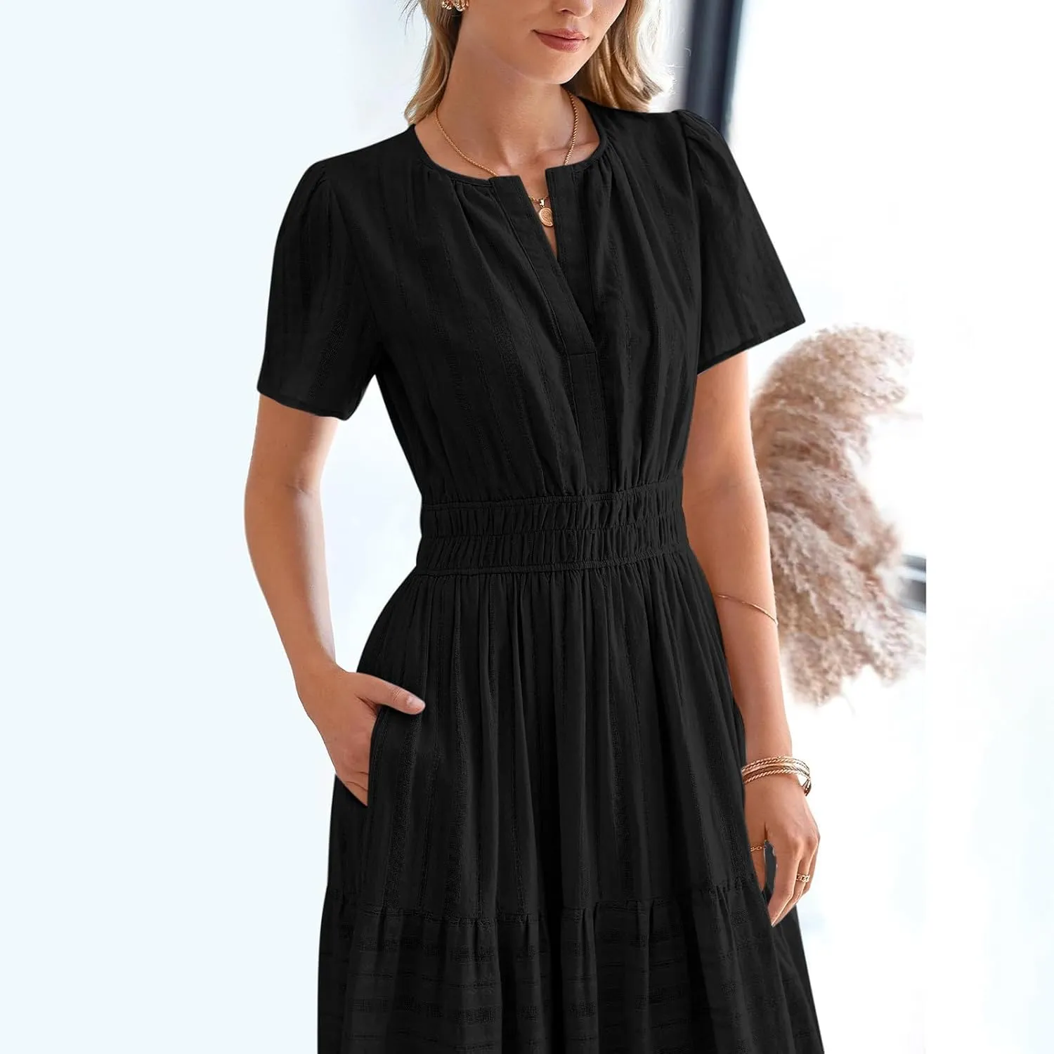 Lmdudan 2025 Womens Summer Casual Midi Maxi Dresses Lightweight Short Sleeve V Neck Elastic Waist Boho Beach Dress Sundress