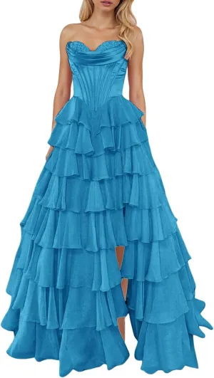 Long Formal Dresses for Women Corset Tiered 2025 Chiffon Strapless Ruffle Prom Dress A-Line Slit Evening Party Gown