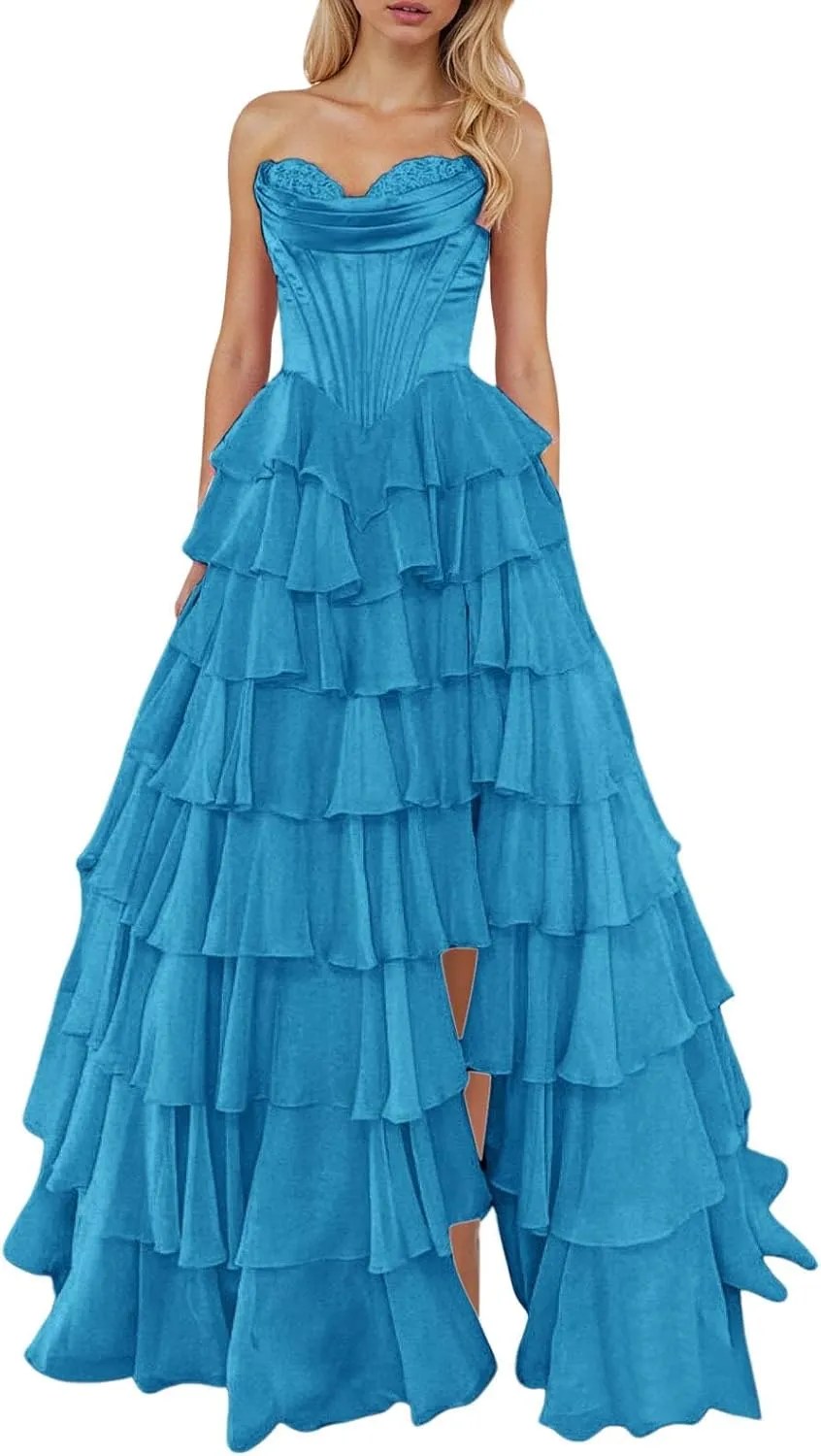 Long Formal Dresses for Women Corset Tiered 2025 Chiffon Strapless Ruffle Prom Dress A-Line Slit Evening Party Gown