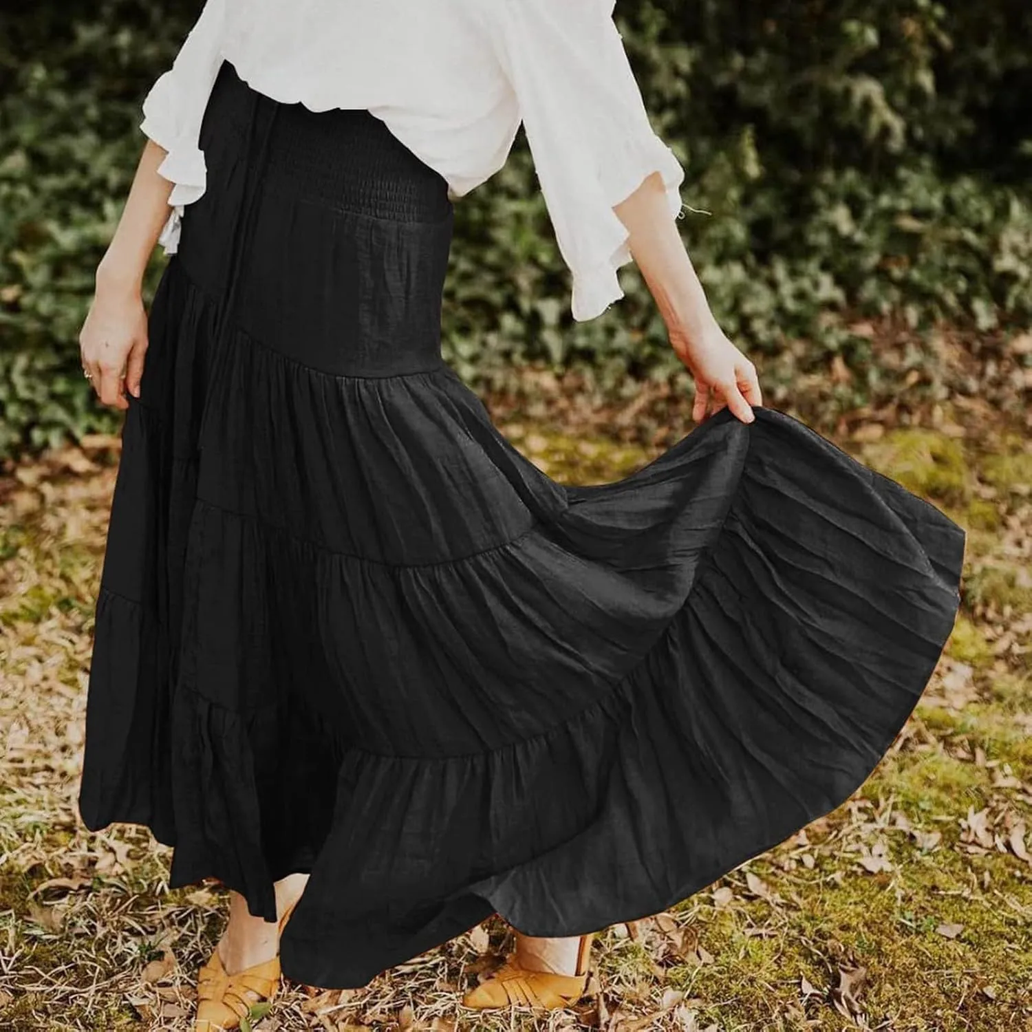 Long Pleated Skirts for Women A Line Summer High Waist Maxi Skirts Tiered Bohemian Flowy Drawstring Casual Skirts