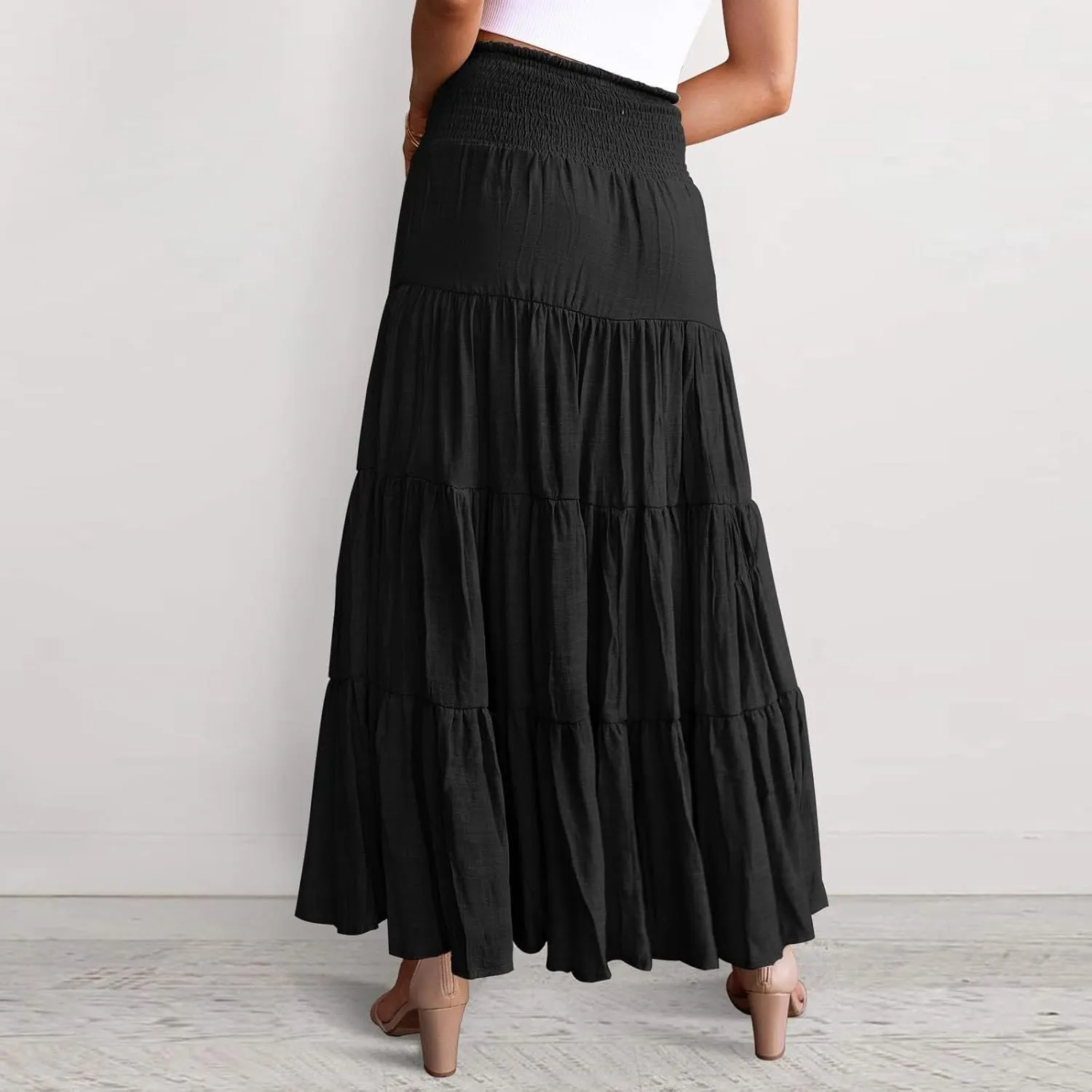 Long Pleated Skirts for Women A Line Summer High Waist Maxi Skirts Tiered Bohemian Flowy Drawstring Casual Skirts