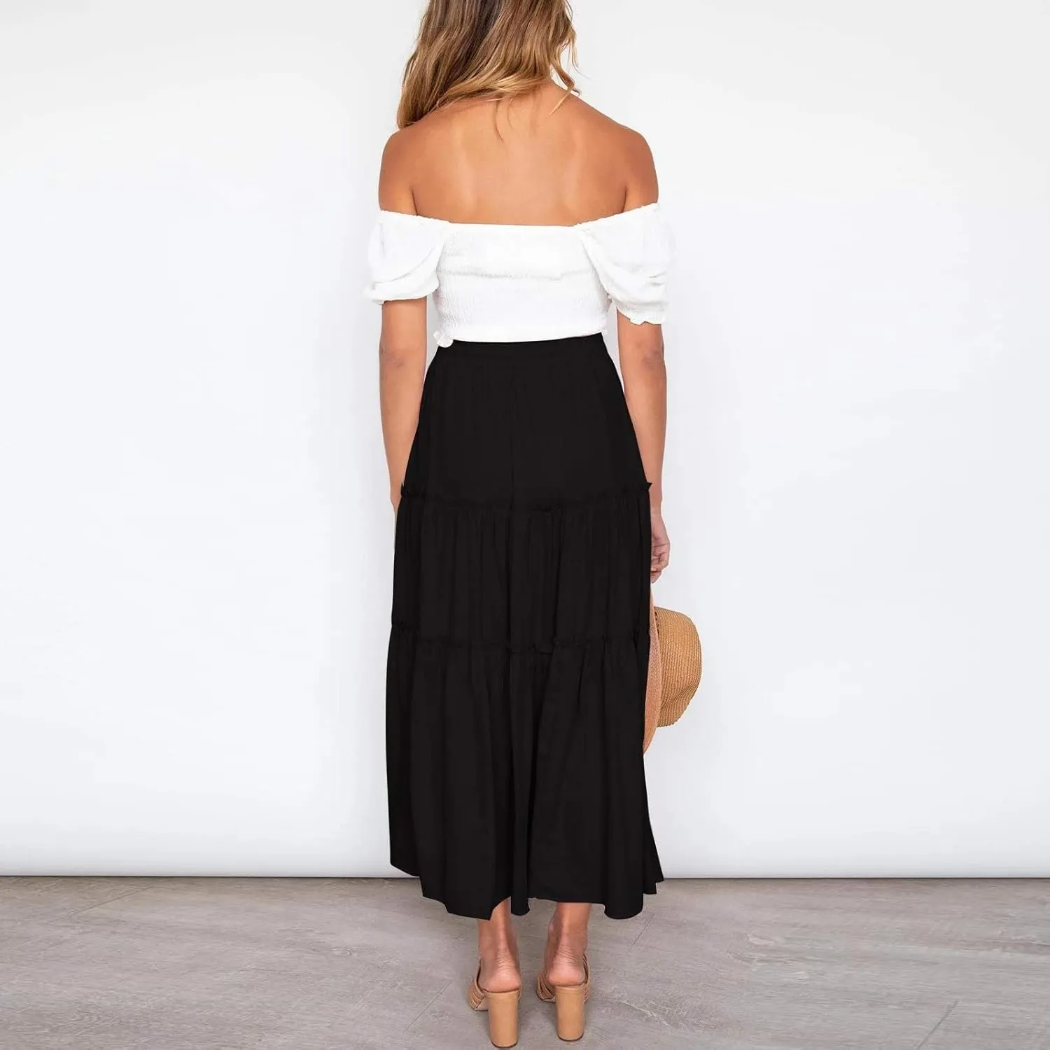 Long Pleated Skirts for Women A Line Summer High Waist Maxi Skirts Tiered Bohemian Flowy Drawstring Casual Skirts