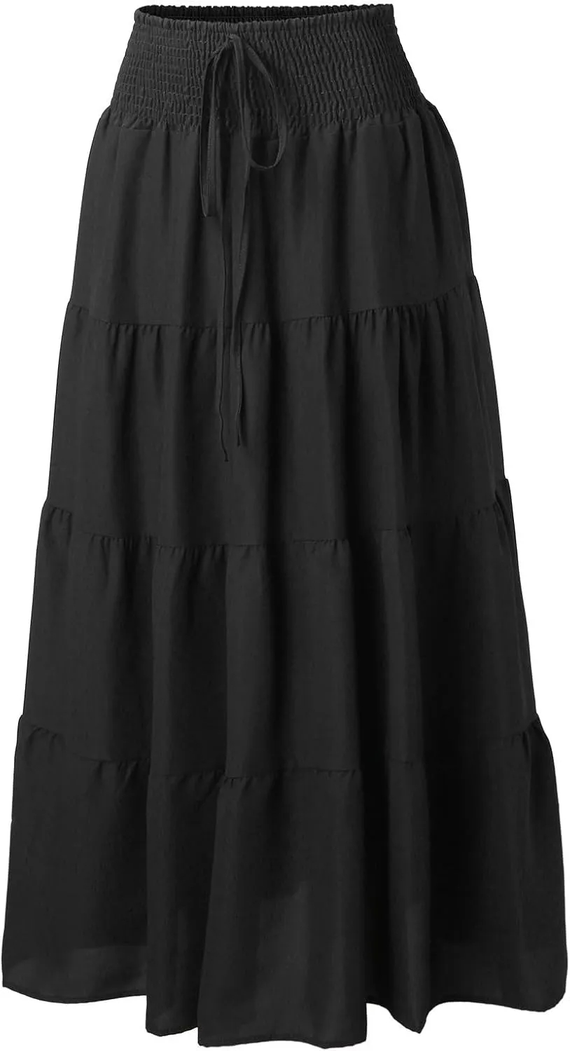 Long Pleated Skirts for Women A Line Summer High Waist Maxi Skirts Tiered Bohemian Flowy Drawstring Casual Skirts