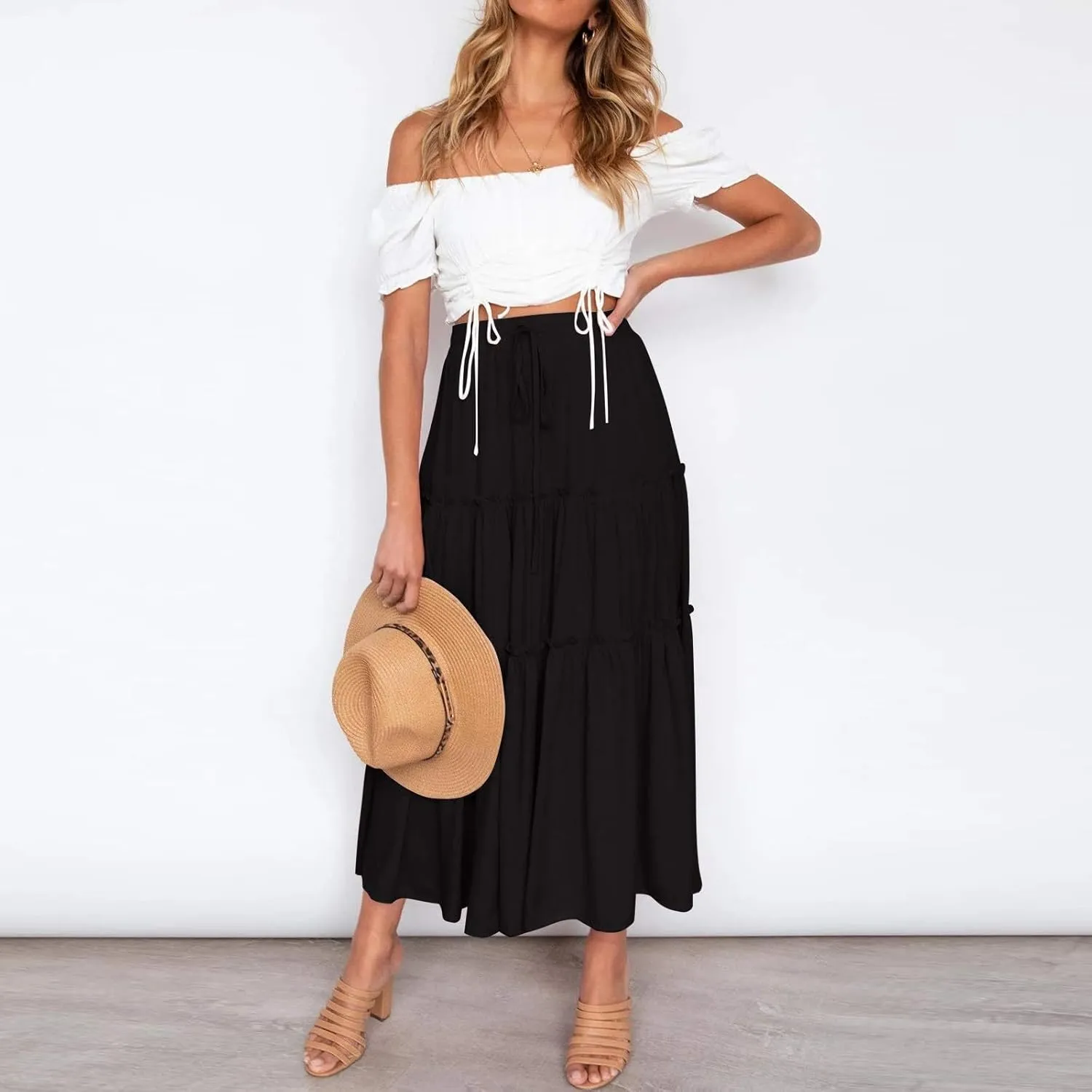Long Pleated Skirts for Women A Line Summer High Waist Maxi Skirts Tiered Bohemian Flowy Drawstring Casual Skirts