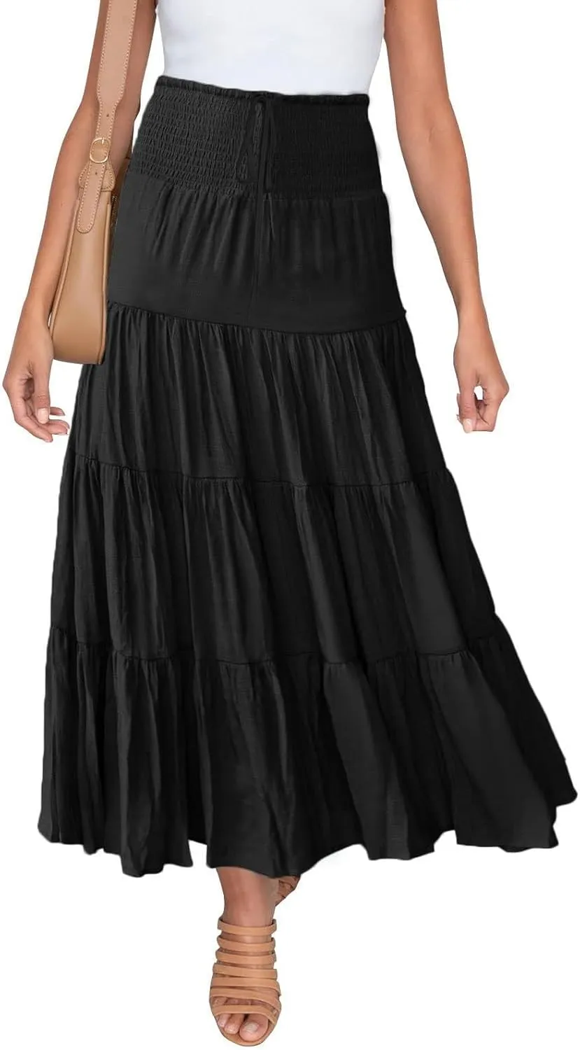 Long Pleated Skirts for Women A Line Summer High Waist Maxi Skirts Tiered Bohemian Flowy Drawstring Casual Skirts