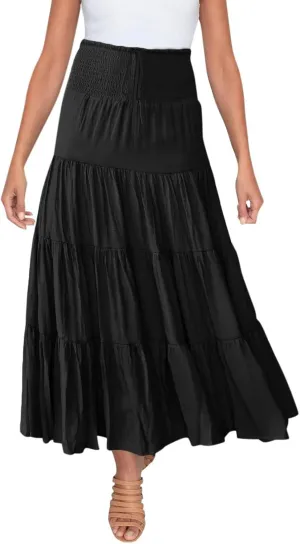 Long Pleated Skirts for Women A Line Summer High Waist Maxi Skirts Tiered Bohemian Flowy Drawstring Casual Skirts