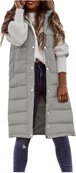 Long Puffer Vest for Women Sleveless Hoodies Quilted Vest Oversized Outdoor Puffer Down Coats Thickened Warm Jackets