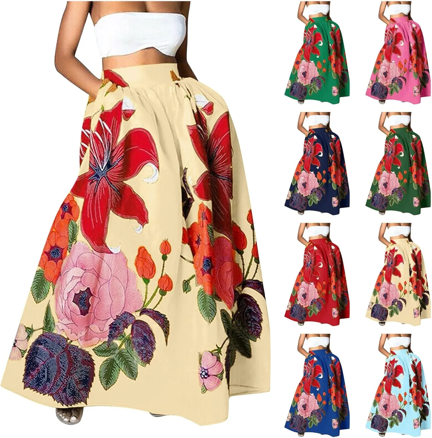 Long Skirts for Women Boho Skirt Summer Floral Skirt Flowy Skirts Broomstick Skirts Elastic Waist A Line Maxi Skirts