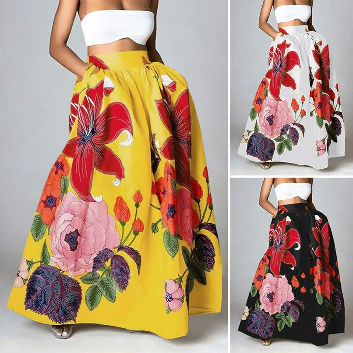 Long Skirts for Women Boho Skirt Summer Floral Skirt Flowy Skirts Broomstick Skirts Elastic Waist A Line Maxi Skirts