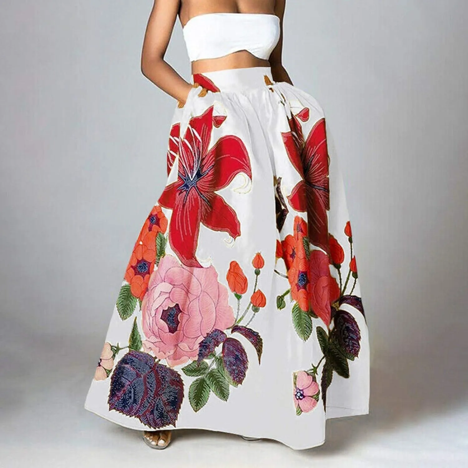 Long Skirts for Women Boho Skirt Summer Floral Skirt Flowy Skirts Broomstick Skirts Elastic Waist A Line Maxi Skirts