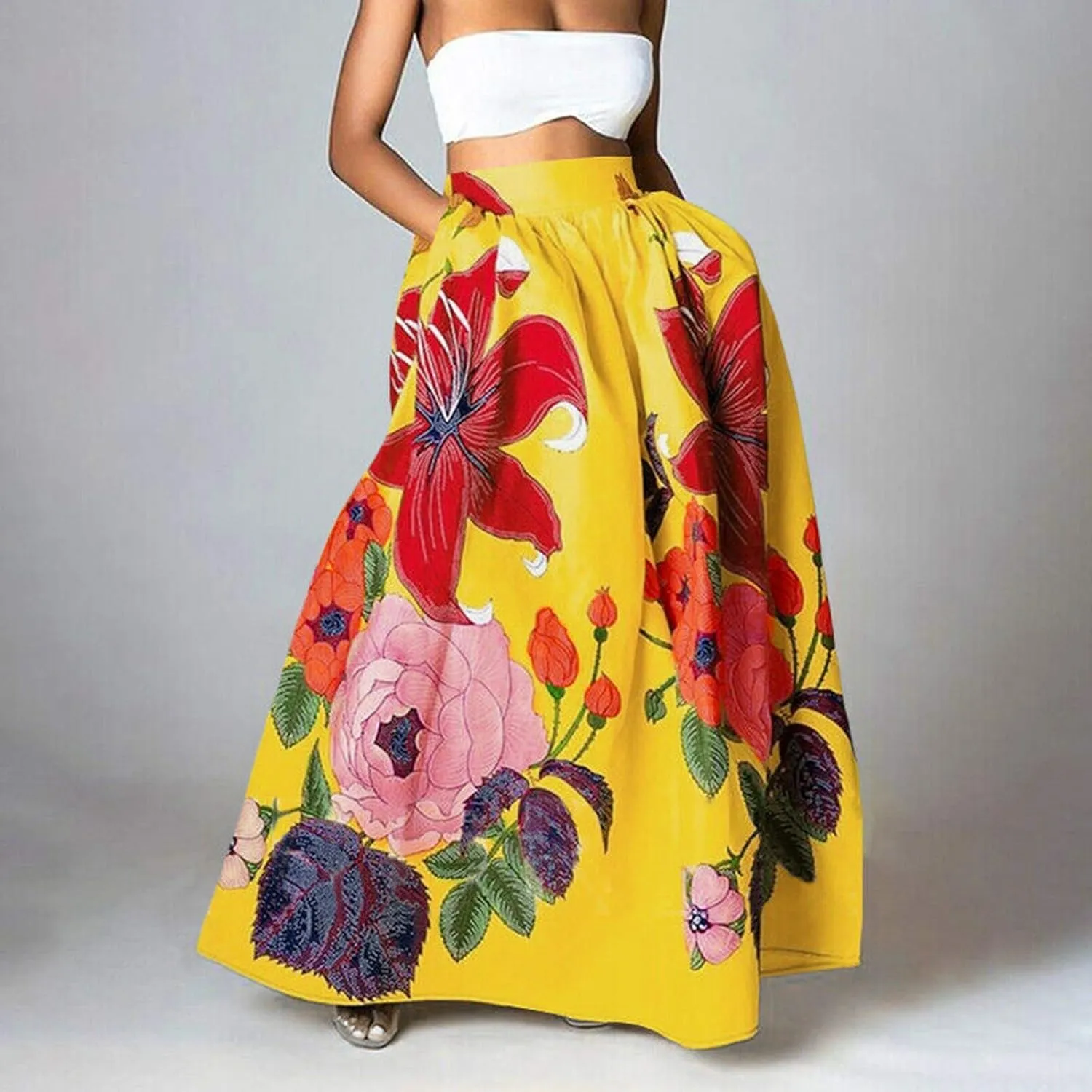 Long Skirts for Women Boho Skirt Summer Floral Skirt Flowy Skirts Broomstick Skirts Elastic Waist A Line Maxi Skirts