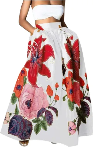 Long Skirts for Women Boho Skirt Summer Floral Skirt Flowy Skirts Broomstick Skirts Elastic Waist A Line Maxi Skirts