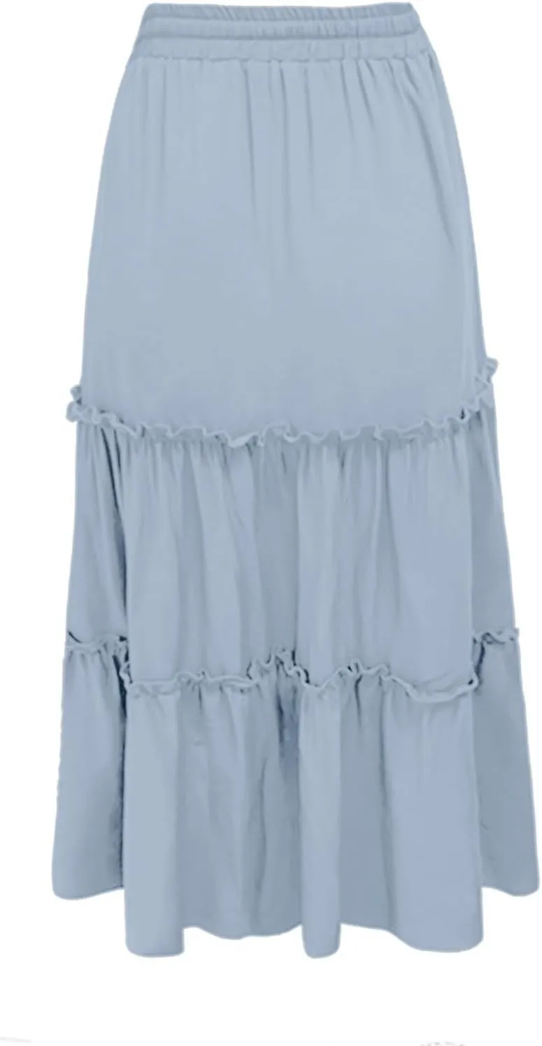 Long Skirts for Women Summer Boho Flowy Swing Ruffle Tiered A-Line Drawstring Elastic Waist Pleated Midi Skirt Dress