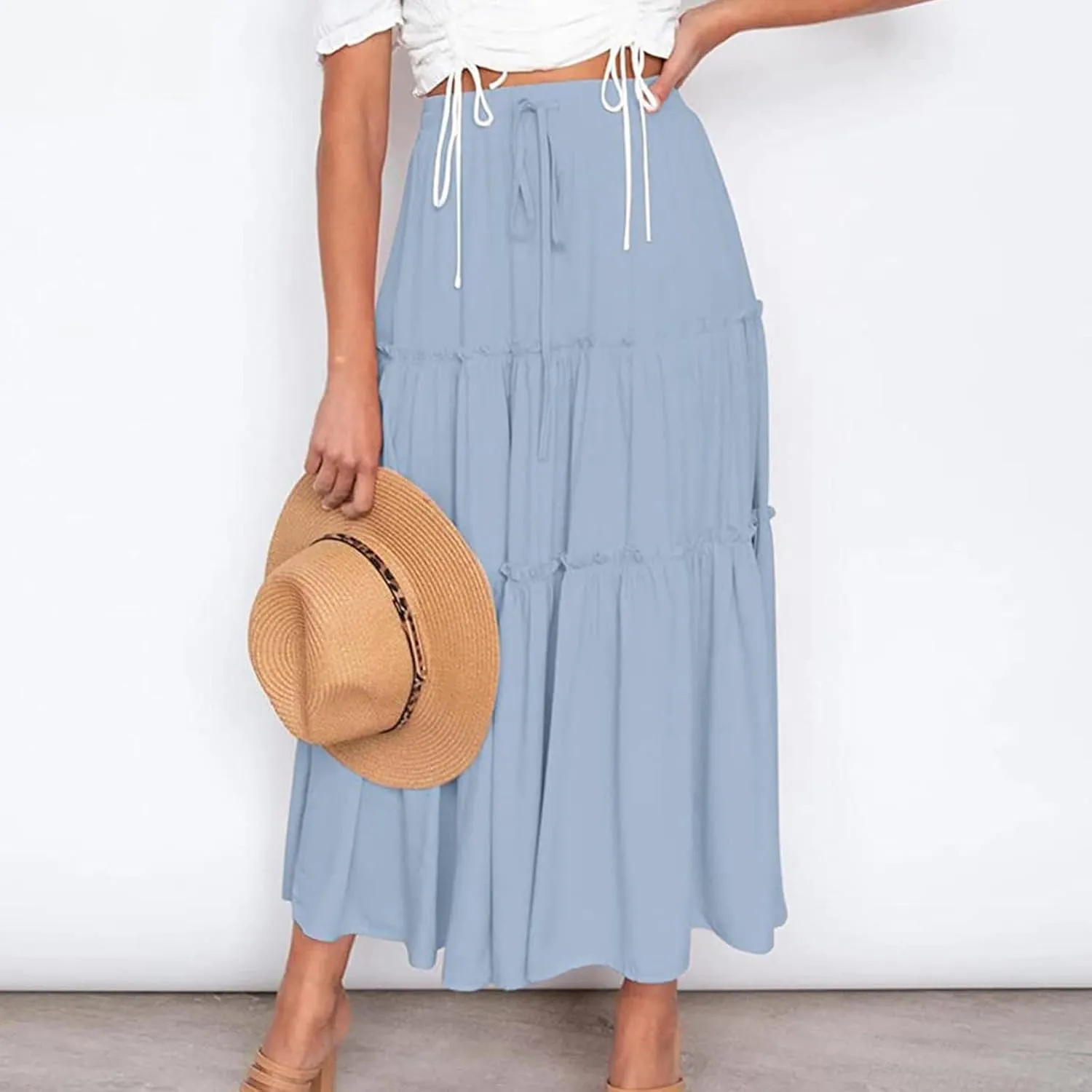 Long Skirts for Women Summer Boho Flowy Swing Ruffle Tiered A-Line Drawstring Elastic Waist Pleated Midi Skirt Dress