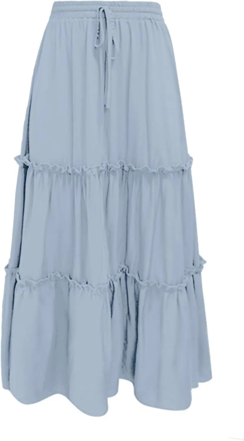 Long Skirts for Women Summer Boho Flowy Swing Ruffle Tiered A-Line Drawstring Elastic Waist Pleated Midi Skirt Dress