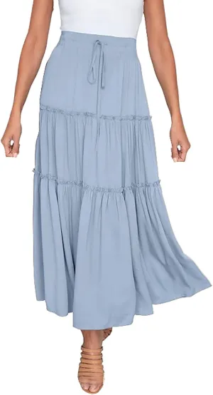 Long Skirts for Women Summer Boho Flowy Swing Ruffle Tiered A-Line Drawstring Elastic Waist Pleated Midi Skirt Dress