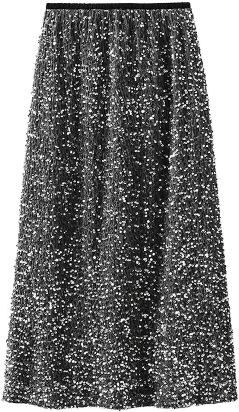 Long Skirts for Women Summer Sequin Printed Long Pleated Ruffle Skirts High Waist Nightgrom Party Skirts