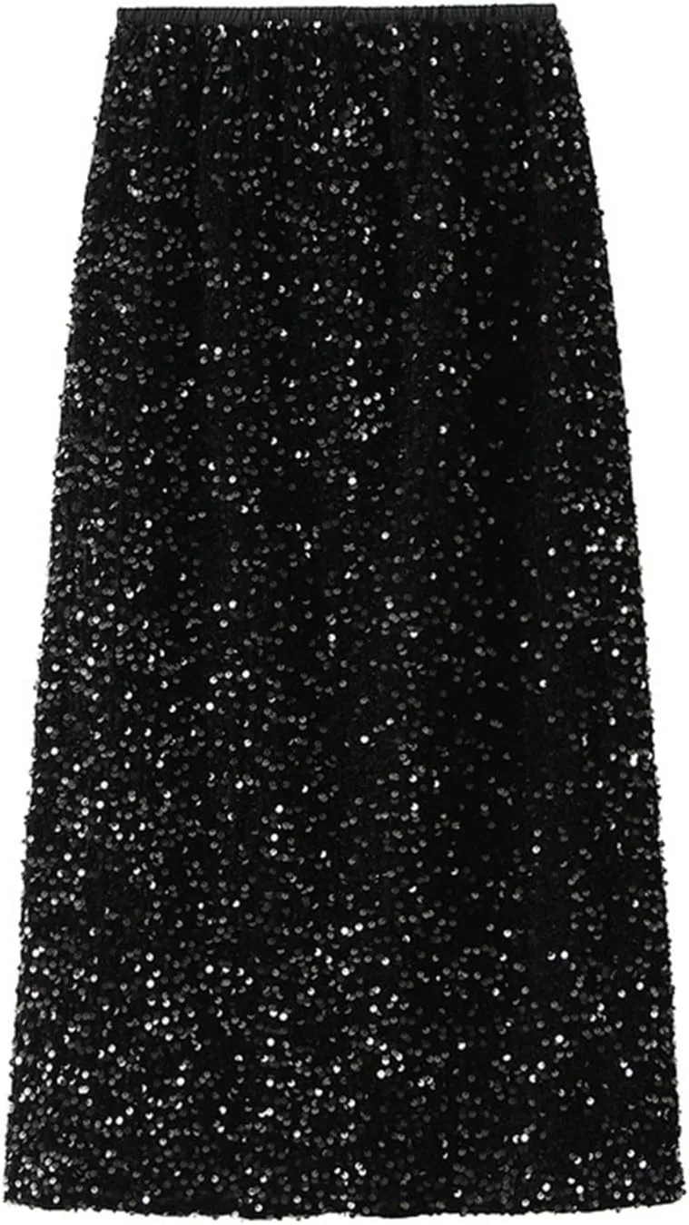 Long Skirts for Women Summer Sequin Printed Long Pleated Ruffle Skirts High Waist Nightgrom Party Skirts