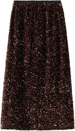 Long Skirts for Women Summer Sequin Printed Long Pleated Ruffle Skirts High Waist Nightgrom Party Skirts