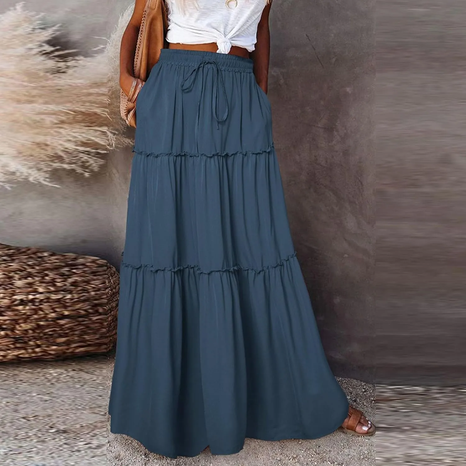 Long Skirts for Women Trendy Womens Boho Maxi Skirt Elastic High Waist Pleated Ruffle Flowy Long Skirts White Skirt S-XL