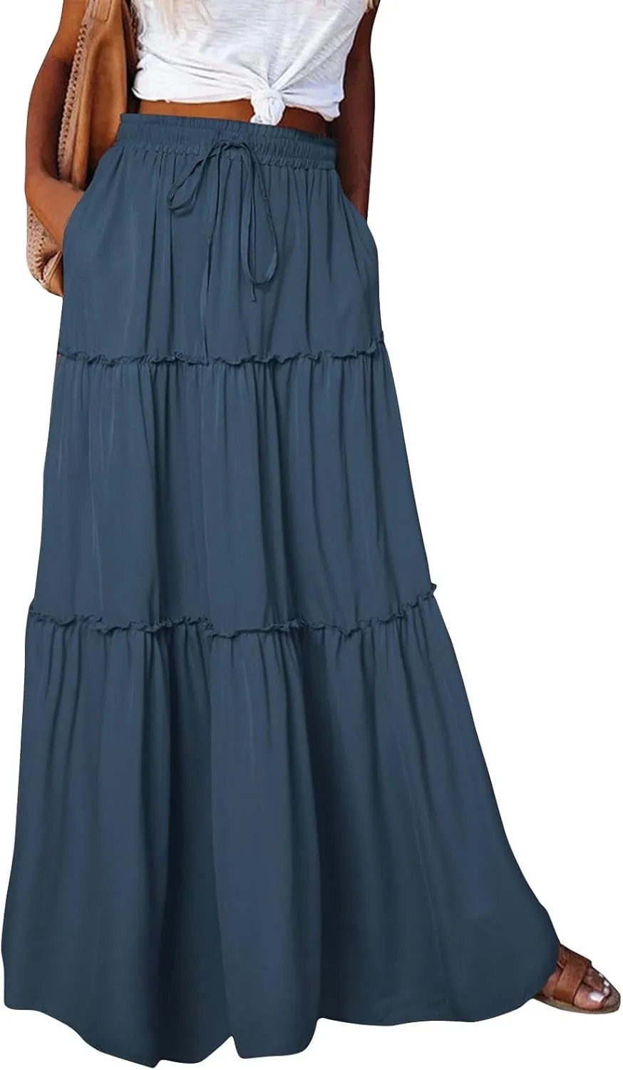 Long Skirts for Women Trendy Womens Boho Maxi Skirt Elastic High Waist Pleated Ruffle Flowy Long Skirts White Skirt S-XL