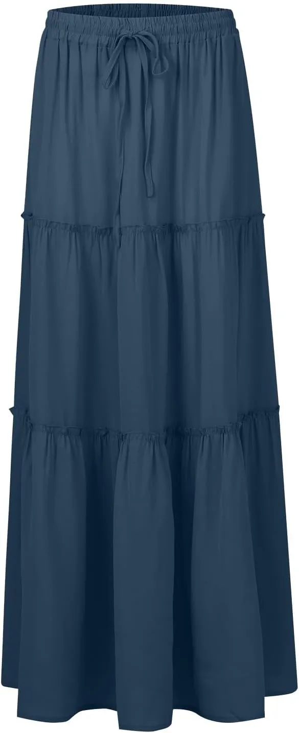 Long Skirts for Women Trendy Womens Boho Maxi Skirt Elastic High Waist Pleated Ruffle Flowy Long Skirts White Skirt S-XL
