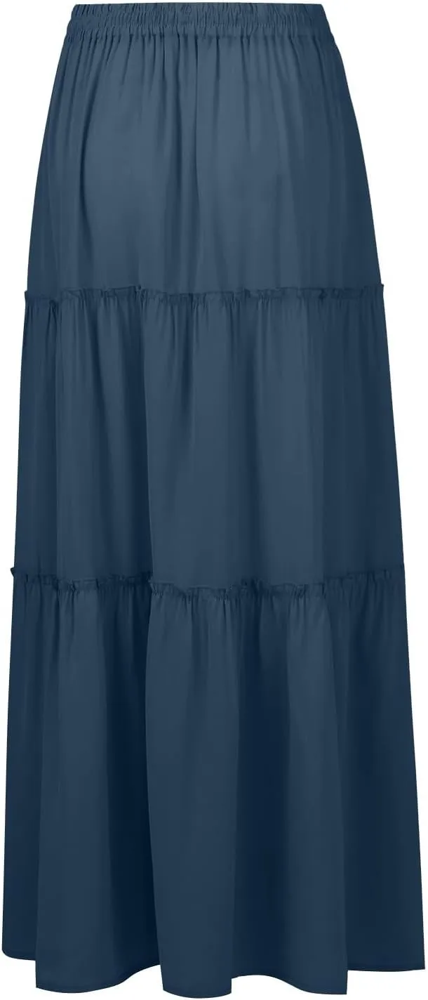 Long Skirts for Women Trendy Womens Boho Maxi Skirt Elastic High Waist Pleated Ruffle Flowy Long Skirts White Skirt S-XL