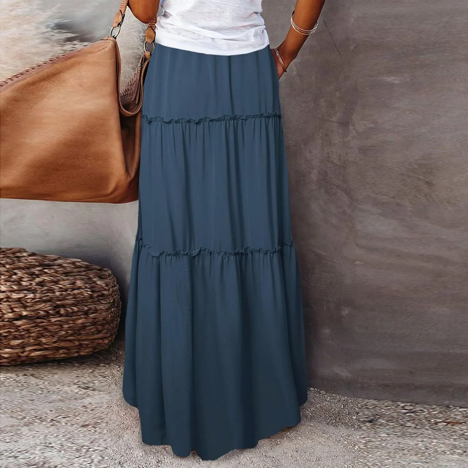 Long Skirts for Women Trendy Womens Boho Maxi Skirt Elastic High Waist Pleated Ruffle Flowy Long Skirts White Skirt S-XL
