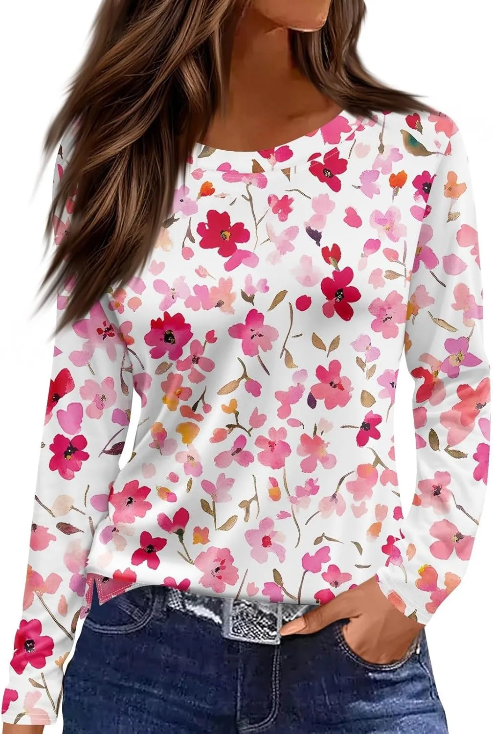 Long Sleeve Shirts for Women - Womens T Shirts Long Sleeve Crew Neck Shirts Basic Tee Sort Comfy Floral Printed Tops
