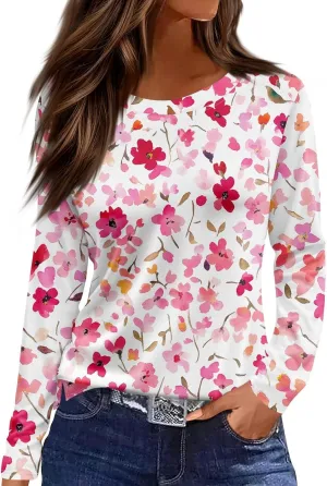 Long Sleeve Shirts for Women - Womens T Shirts Long Sleeve Crew Neck Shirts Basic Tee Sort Comfy Floral Printed Tops