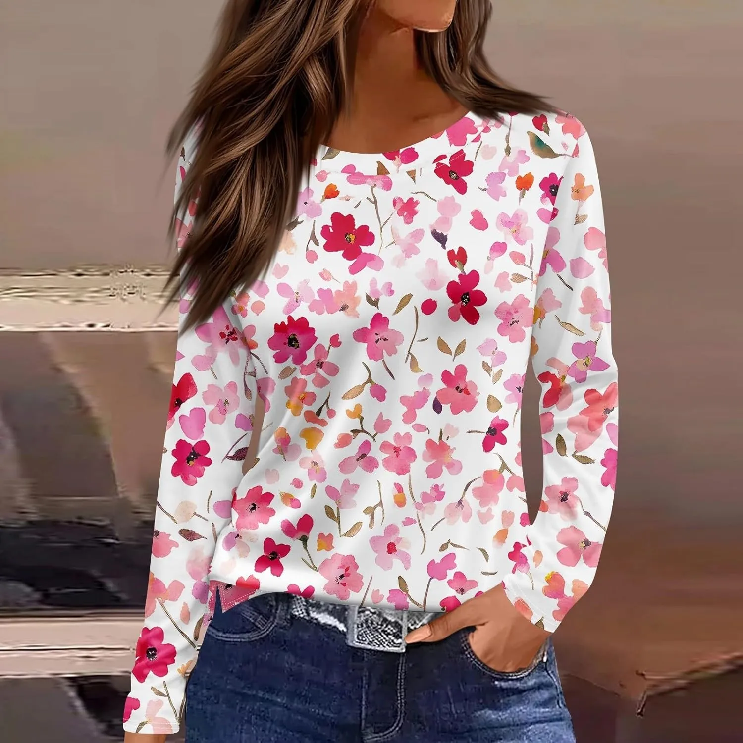 Long Sleeve Shirts for Women - Womens T Shirts Long Sleeve Crew Neck Shirts Basic Tee Sort Comfy Floral Printed Tops