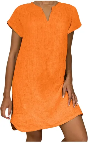 Loose Cotton Linen Dresses for Women 2024 Casual V-Neck Short Sleeve Solid Color Dress Summer Vintage Beach Sundress