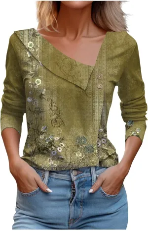 LRMQS Spring Tops for Women 2024 Trendy Casual Long Sleeve Asymmetric V Neck Button Blouses Dressy Woman Shirts Clothing