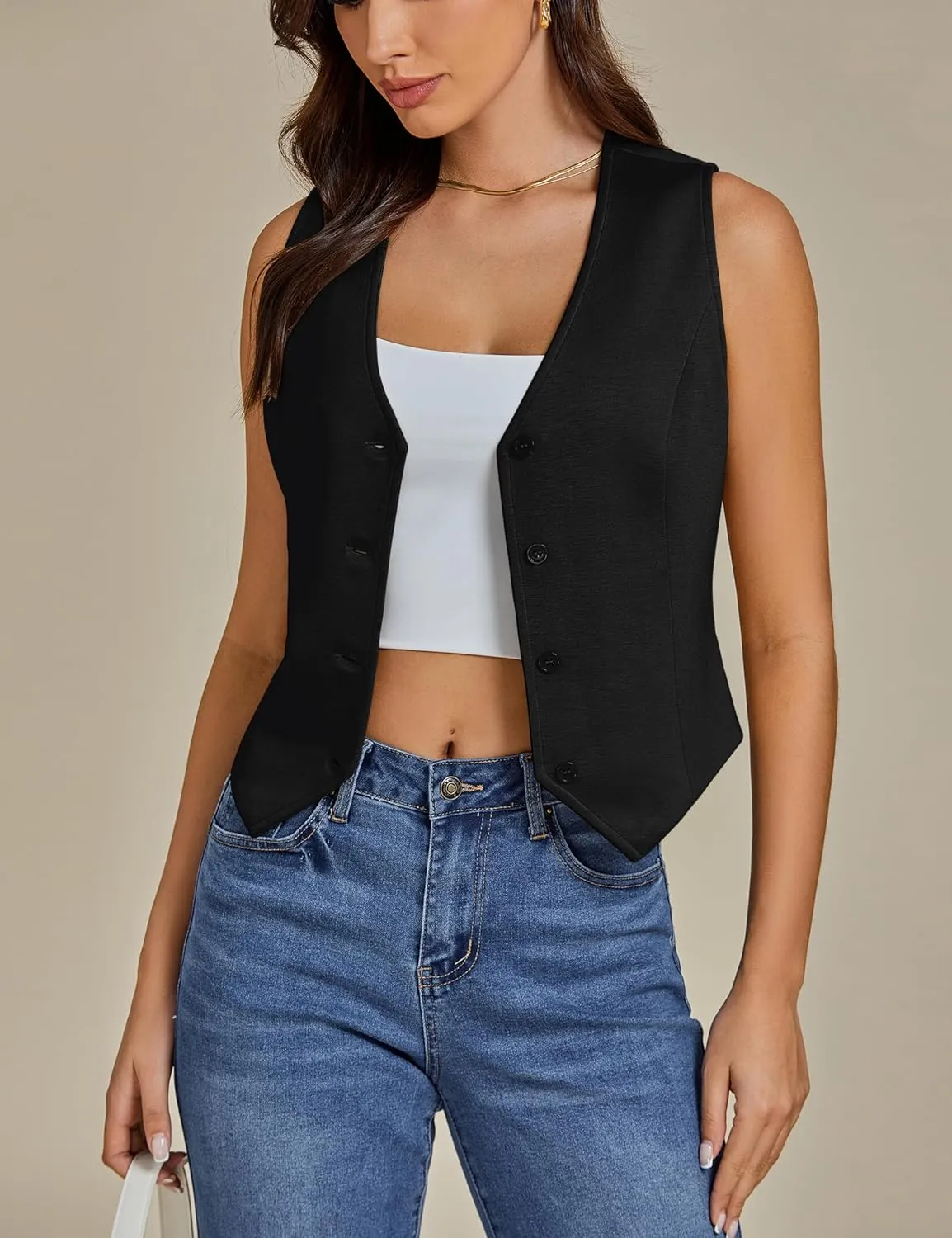 luvamia Vest Tops for Women Trendy Fashion Casual Summer Cropped Dressy Suit Vest Button Up Sleeveless Waistcoat Vests
