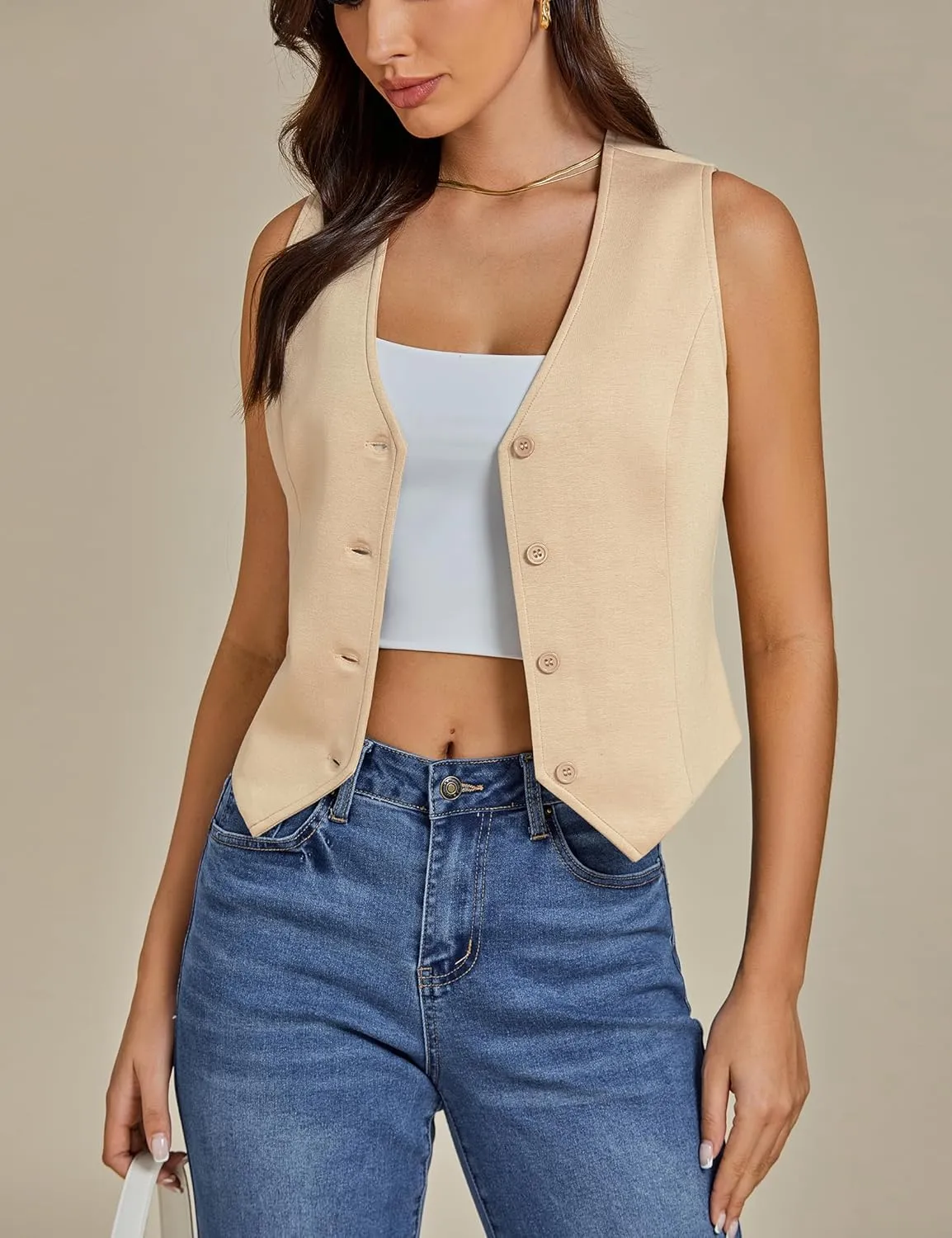 luvamia Vest Tops for Women Trendy Fashion Casual Summer Cropped Dressy Suit Vest Button Up Sleeveless Waistcoat Vests