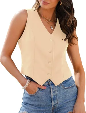 luvamia Vest Tops for Women Trendy Fashion Casual Summer Cropped Dressy Suit Vest Button Up Sleeveless Waistcoat Vests