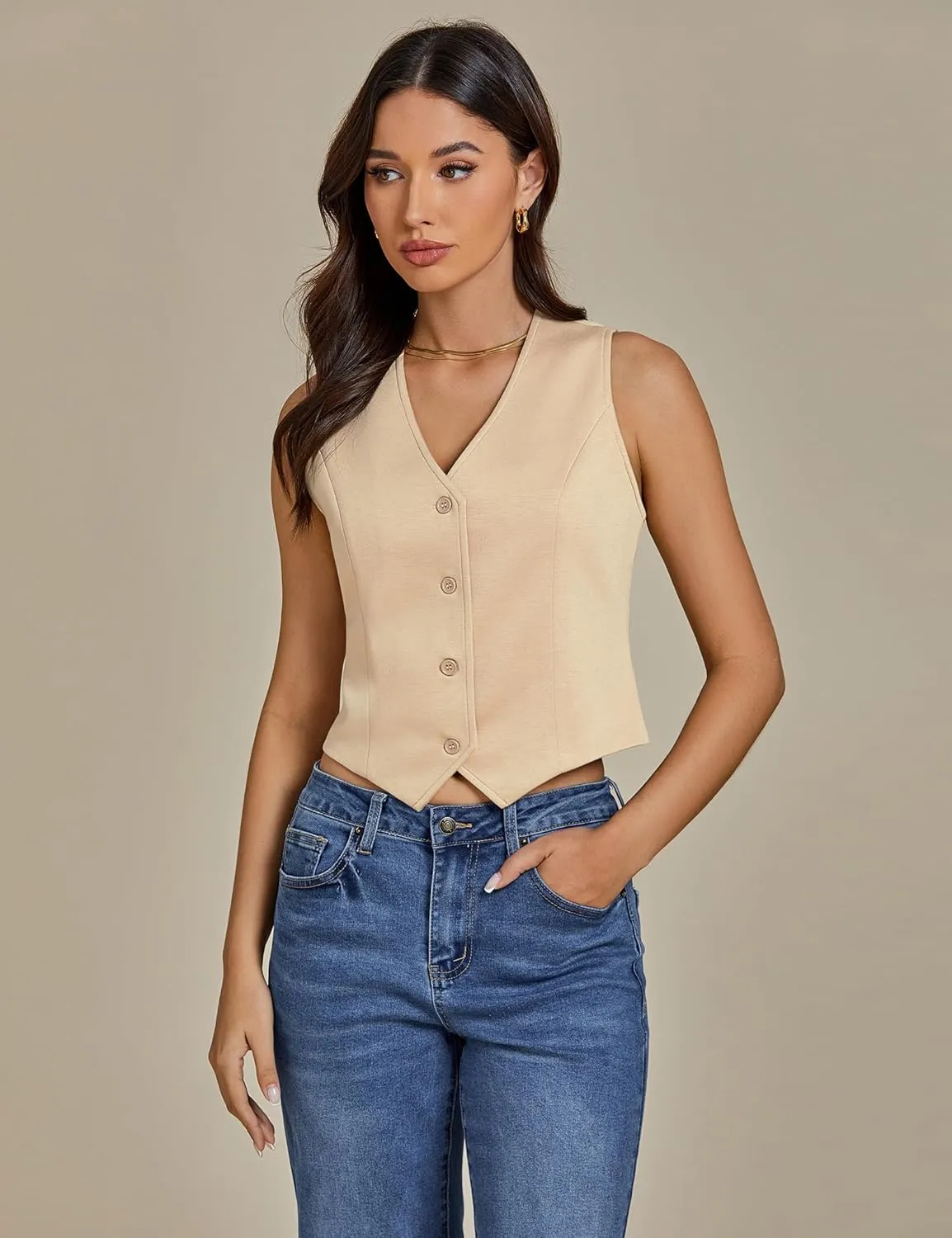luvamia Vest Tops for Women Trendy Fashion Casual Summer Cropped Dressy Suit Vest Button Up Sleeveless Waistcoat Vests